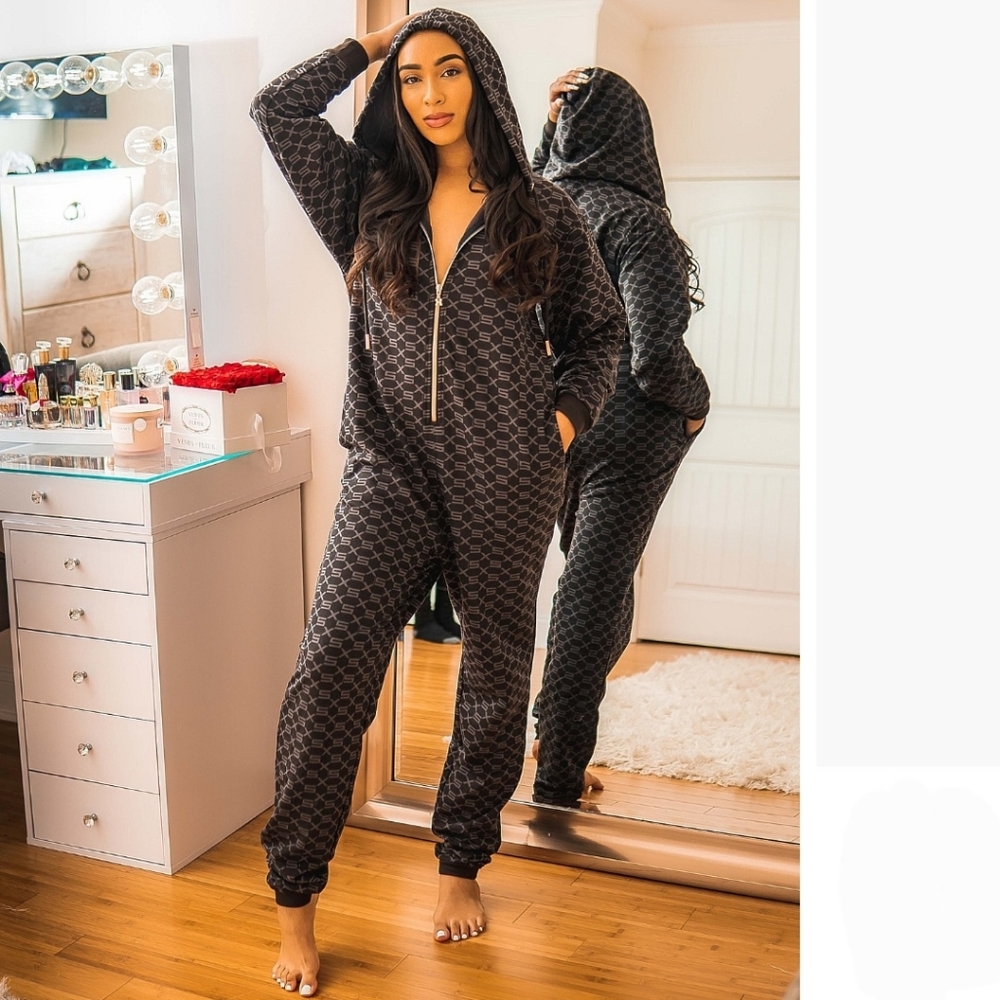 Savage X Fenty Black Caviar Monogram Forever Savage Hooded Onesie XL NWOT